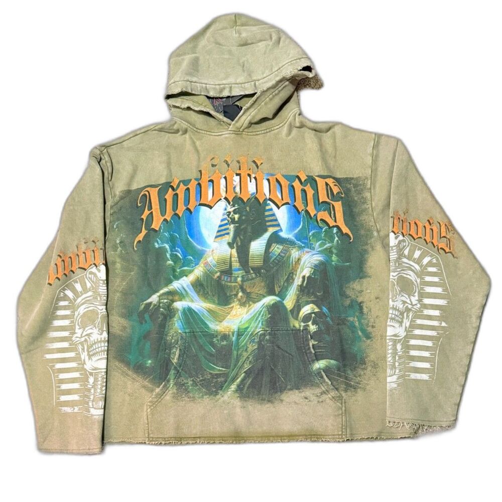 STRAY Ambitions of King Pharaoh Hoodie Olive Green Rhinestone 2XL NWT Distressed